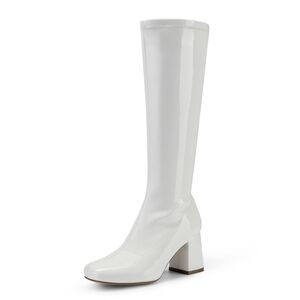Gogo Boots Square Toe Chunky Wide Calf Knee High Boots For Women, White, 11